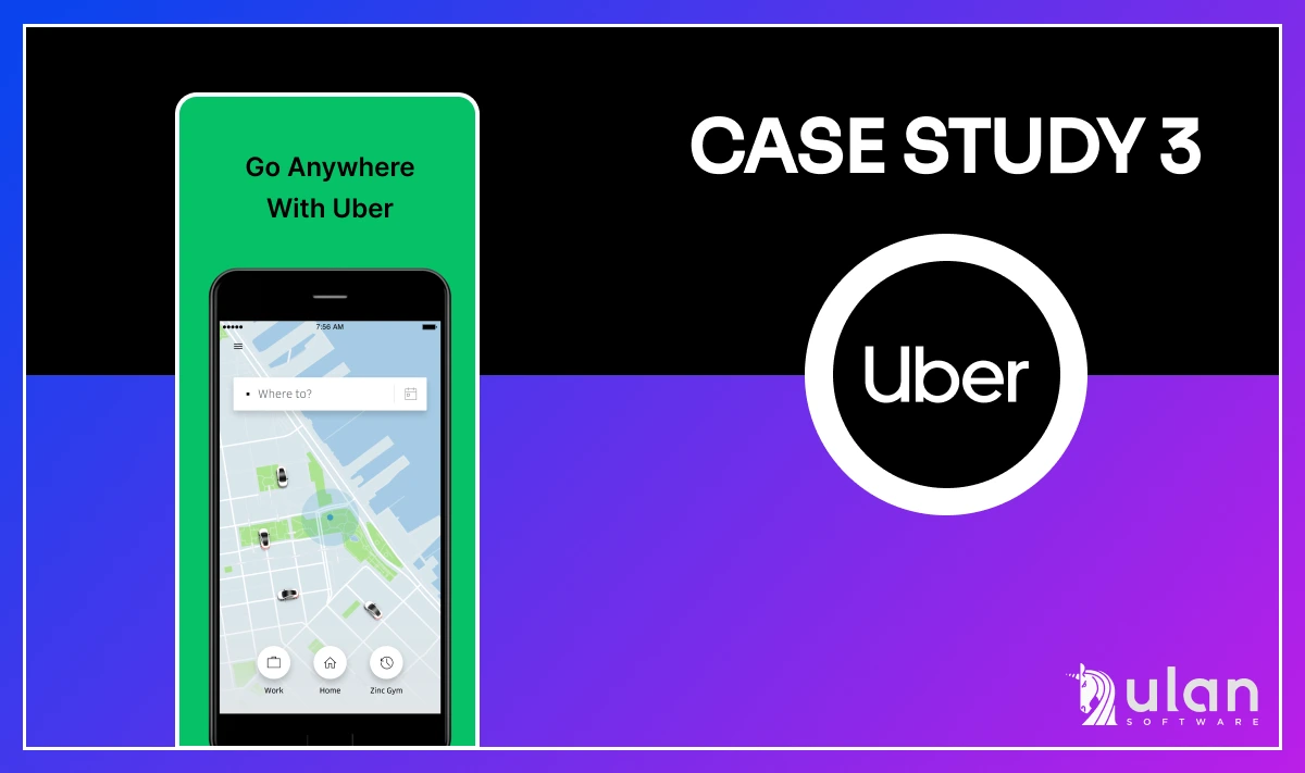Purple-blue gradient graphic with logo of Uber and mockup of phone with app