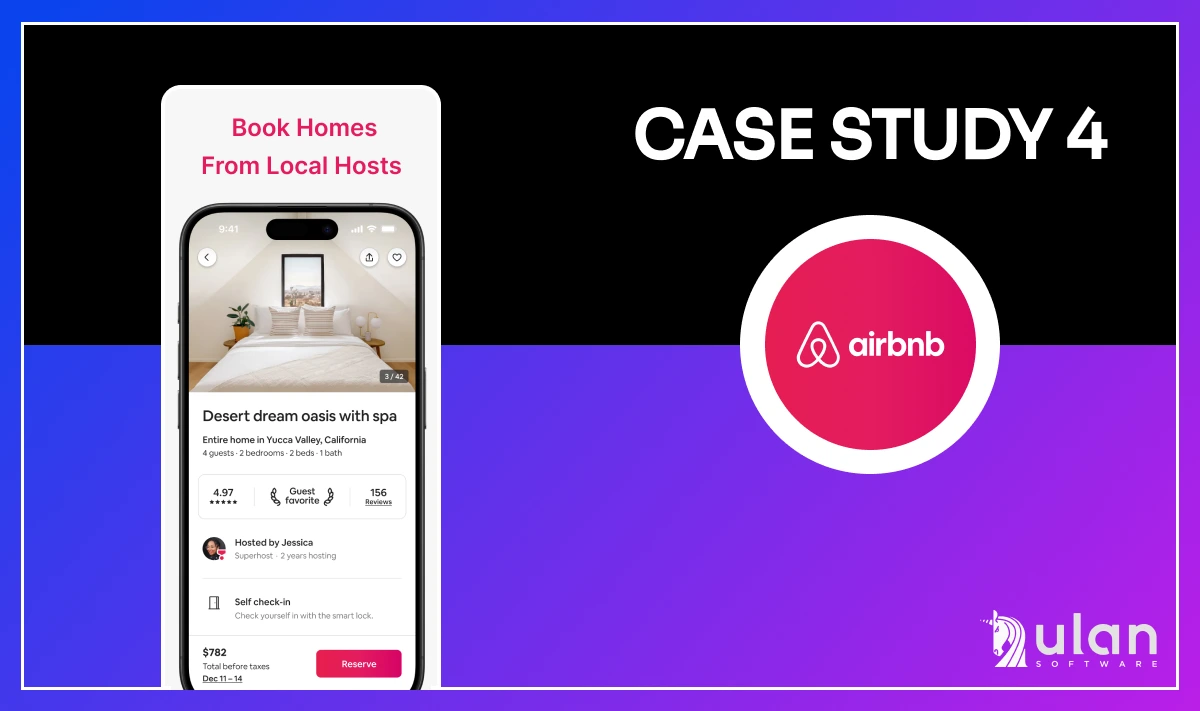 Purple-blue gradient graphic with logo of Airbnb and mockup of phone with app