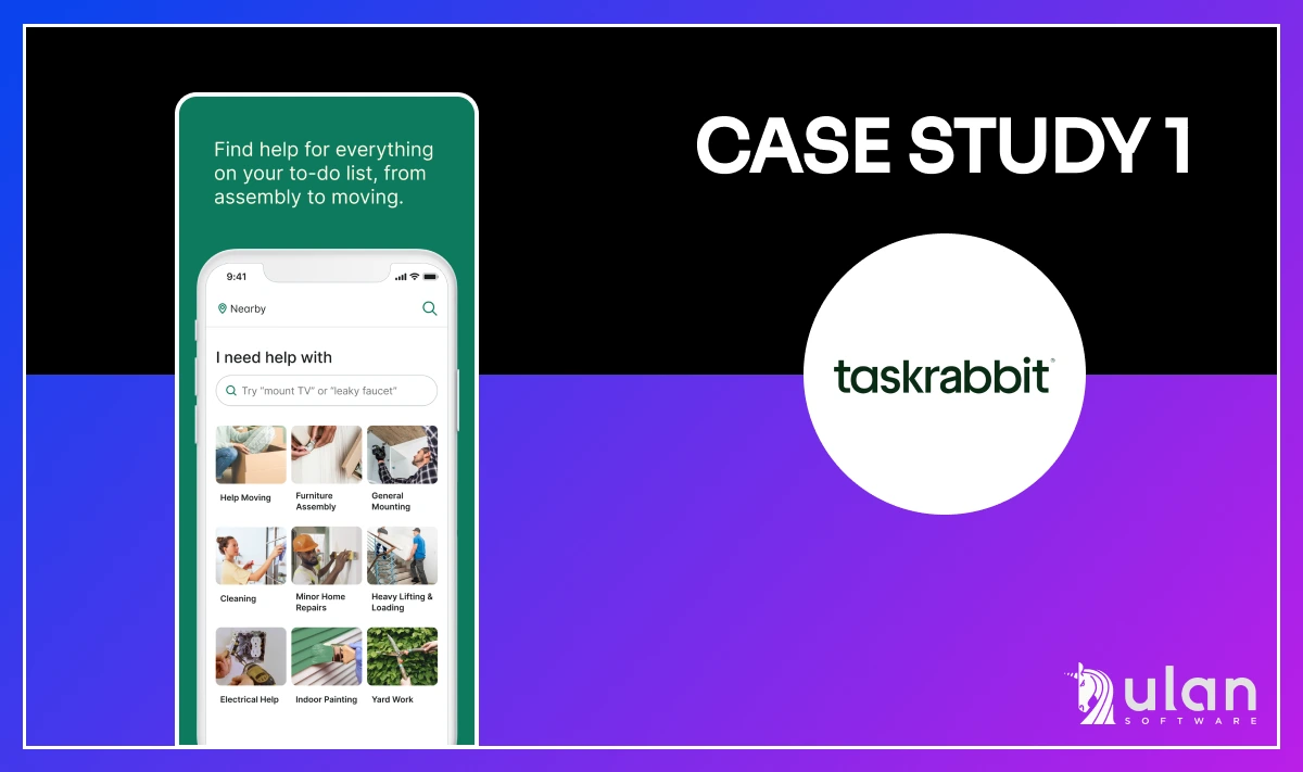 Purple-blue gradient graphic with logo of TaskRabbit and mockup of phone with app