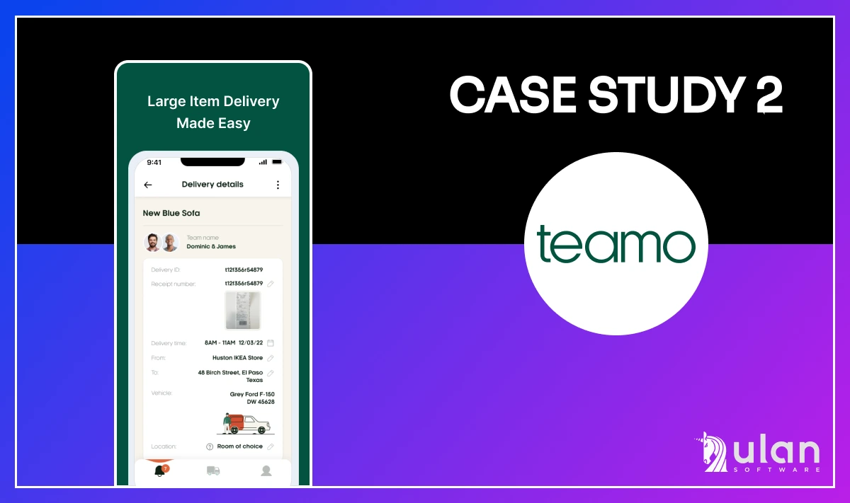 Purple-blue gradient graphic with logo of Teamo Delivery and mockup of phone with app