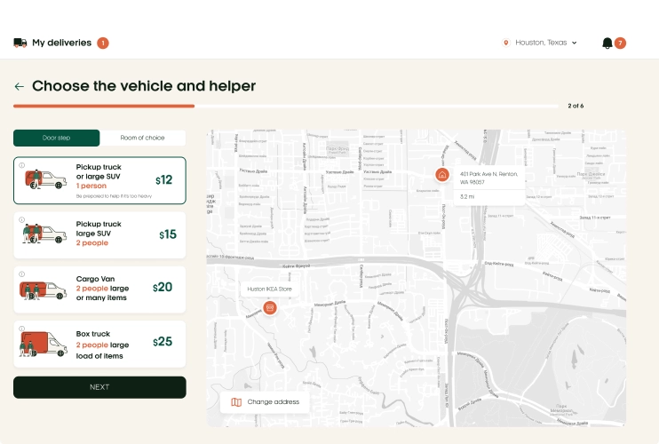 Image of a logistics company website with a map image and types of cars