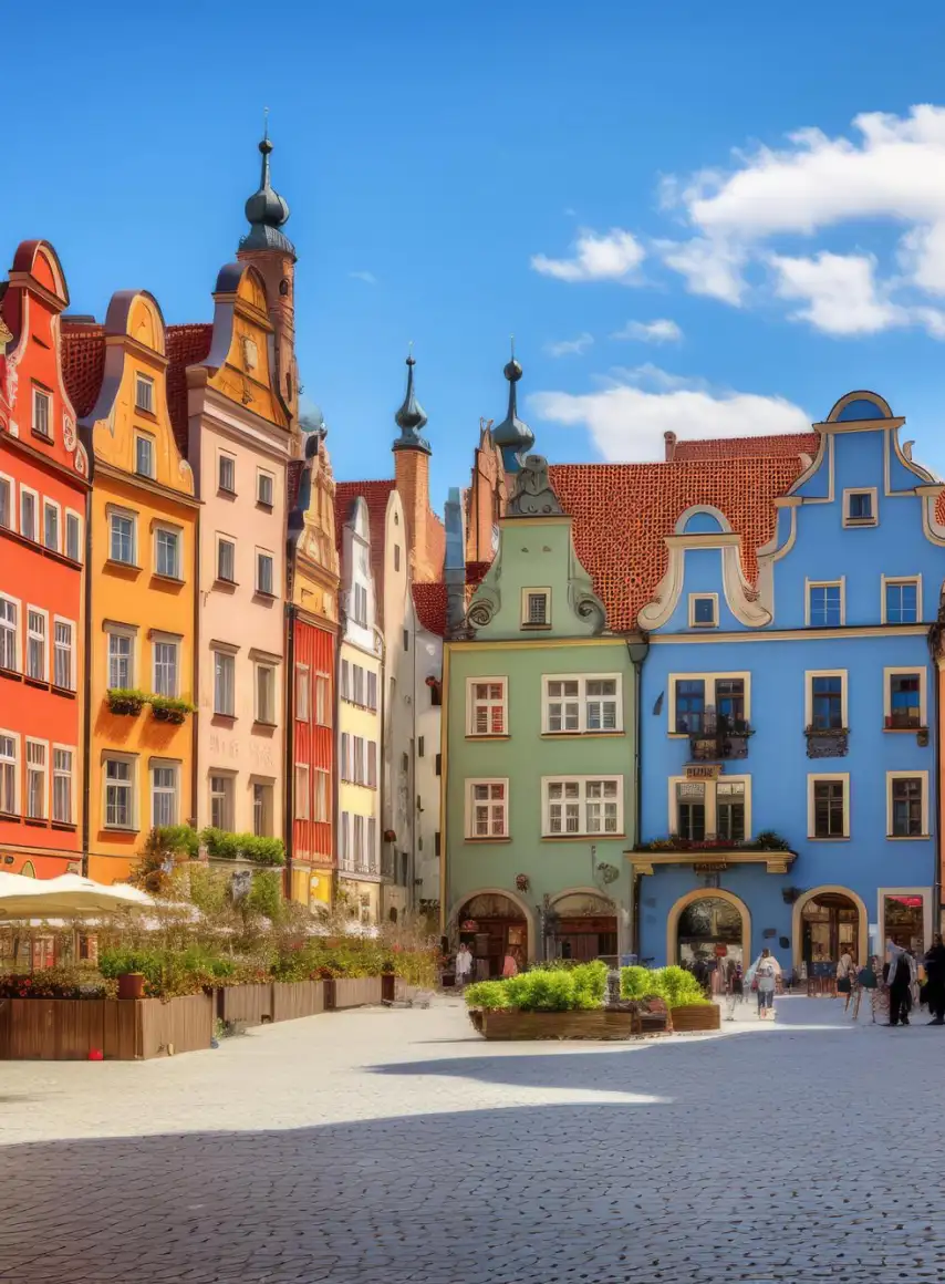 Beautiful buildings with historical architecture and colorful facade