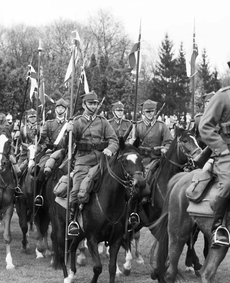 Cavalry detachment on horses and military uniform