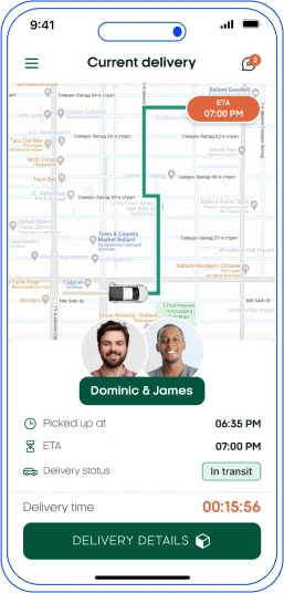 The smartphone displays a map on the screen and plots the route of the courier to the client.